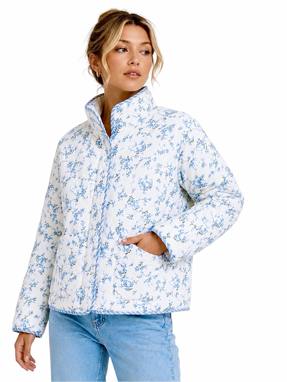 RD Style - Aime Reversible Quilt Jacket Blue Floral Cropped Puffer - OS